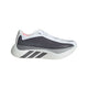 Et billede set fra siden af Adidas Hyperboost Edge, Dame, Ftwwht/Auon/Soltur løbesko viser en moderne sportssko med hvid sål, sort overdel og tre diagonale sorte striber på mellemsålen, fotograferet på en ensfarvet hvid baggrund. Dette komfortfokuserede design til vejløb fra Adidas kombinerer stil og ydeevne til dedikerede løbere.
