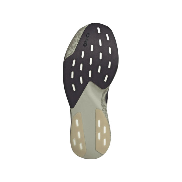 Billedet viser sålen på en Adidas Adizero Evo SL herresko i farvekombinationen Sesame/Aurbla/Silpeb. Sålen består af en kombination af sorte, beige og off-white nuancer med rektangulære udskæringer og strukturerede grebzoner, der sikrer bedre vejgreb. Den fremhæver LIGHTSTRIKE PRO-teknologien, og der er præget »Continental« på undersiden.