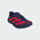 Adidas Adizero Evo SL Woven løbesko til herrer i Dkblue/Lucred/Mutprp har lyse røde striber, sorte snørebånd og lavprofil-design samt LIGHTSTRIKEPRO-dæmpning, fotograferet på lyst ensfarvet baggrund.