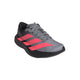 Et par Adidas Adizero Evo SL Dame-løbesko i farvekombinationen Cblack/Soltur/Ltonix, med en grå overdel, sort sål og lyserøde sidestriber, fremstillet af det responsivt LIGHTSTRIKE PRO-skum og set fra venstre foran i en vinkel mod en hvid baggrund.
