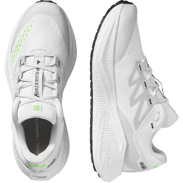 Salomon Aero Glide 3 GRVL løbesko herre i White/Ftw Silver/Green Gecko, vist fra oven og siden med sorte såler og lysegrå snørebånd plus grønne detaljer, er ideelle til din næste løbetur.