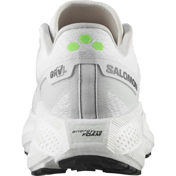 Salomon Aero Glide 3 GRVL, Herre i White/Ftw Silver/Green Gecko set bagfra med SALOMON på siden, GRVL på hælen, energyFOAM-sål og tre grønne prikker - den perfekte terrænløbesko til mænd.