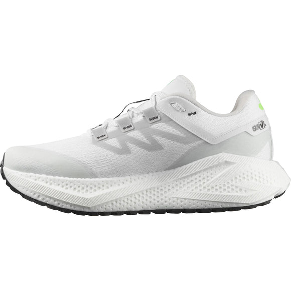 En Salomon Aero Glide 3 GRVL løbesko herre i White/Ftw Silver/Green Gecko har overdel i mesh, grå og grønne detaljer, struktureret mellemsål og sort ydersål, her set fra siden mod en almindelig hvid baggrund.