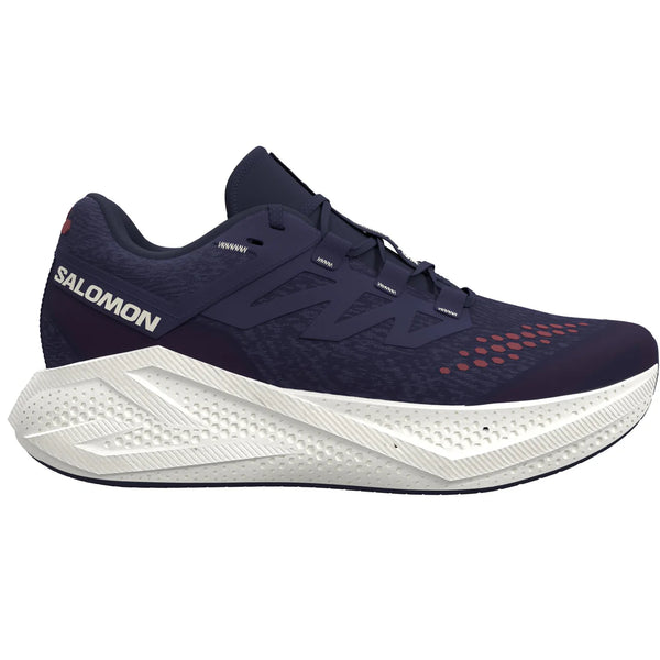 Salomon Aero Glide 3 GRVL til kvinder i Astral Aura/Vanilla Ice/Haute Red har en struktureret hvid sål, lysrøde detaljer, hvidt Salomon-logo, Energy Foam EVO-støddæmpning, overdel i mesh og snørelukning.