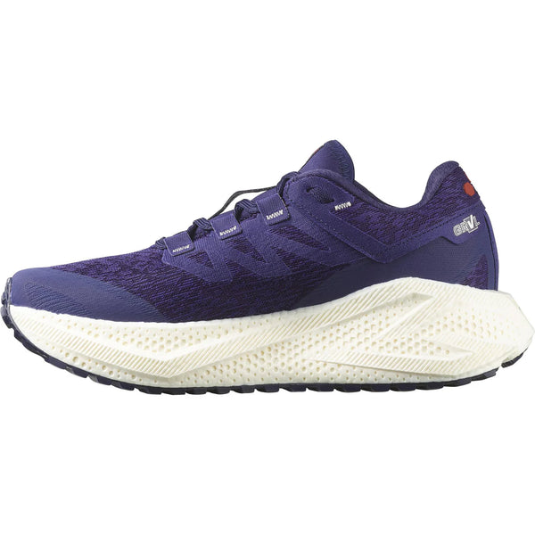 Et sidebillede af en enkelt Salomon Aero Glide 3 GRVL dame løbesko i Astral Aura/Vanilla Ice/Haute Red med en overdel i mesh og en tyk, struktureret off-white Energy Foam EVO-sål.