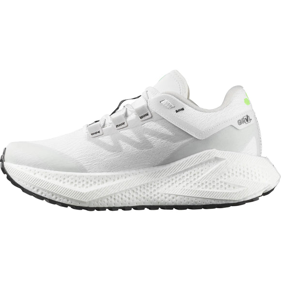 Salomon Aero Glide 3 GRVL Dame løbesko i White/Ftw Silver/Green Gecko har en overdel i mesh, tekstureret sål og sort ydersål, vist i sideprofil på en hvid baggrund.