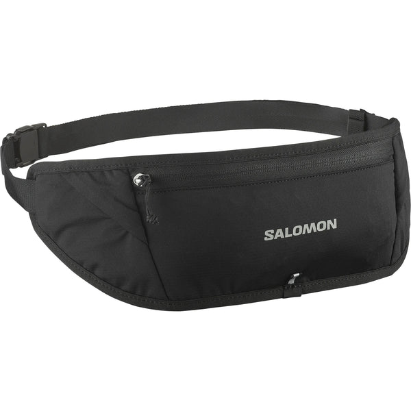 Salomon Pulse Sling Belt, Unisex, Black har en justerbar rem, lynlåslomme foran og et hvidt Salomon-logo - perfekt til at bære små ting håndfrit under enhver aktivitet.