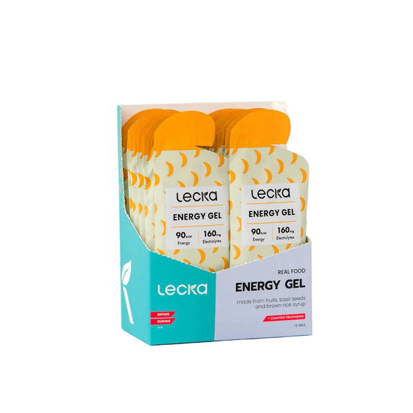 Lecka Energy Gel, Banan: Hver æske indeholder poser med gule hætter og et hvidgult design. Hver gel er ideel til udholdenhedssport og indeholder 90 kcal, 160 mg elektrolytter, ægte frugt og basilikumfrø og lækker bananmag.