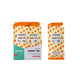 Her ses to Lecka Energy Gel, Kumquat/Honey-pakker og deres æske. De orange og hvide pakker har et frugtmønster, mens æsken viser Lecka-logoet, glutenfri-etiketten, indholdet af elektrolytter og produktoplysninger.