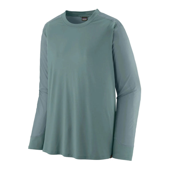 En Patagonia Long-Sleeved Dirt Craft Jersey til mænd i Blue Sage vises på en hvid baggrund. Den lette, afslappede top med rund hals er ideel til trailløb eller fritidsbrug og har glat stof uden synlige logoer eller mønstre.