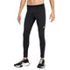 En person iført Nike AeroSwift ADV Running Tights til mænd i Black/Summit White med et lille hvidt Nike-logo på venstre lår står på en almindelig hvid baggrund med sort-hvide sportssko.
