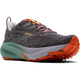 Brooks Ghost Trail Dame-løbeskoen i farvekombinationen Shark/Jade/Orange har livlige jade- og orangefarvede detaljer, en overdel med struktur, orange snørebånd og en robust sål med mønster, der sikrer optimal greb. Det karakteristiske Brooks-logo pryder siden af denne alsidige trailsko.