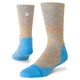 Stance Maried Light Crew, Unisex, Electric Blue har marmoreret orange og elektrisk blå med lyseblå detaljer, Infiknit-forstærkning for holdbarhed og et lille cirkulært logo nær toppen.