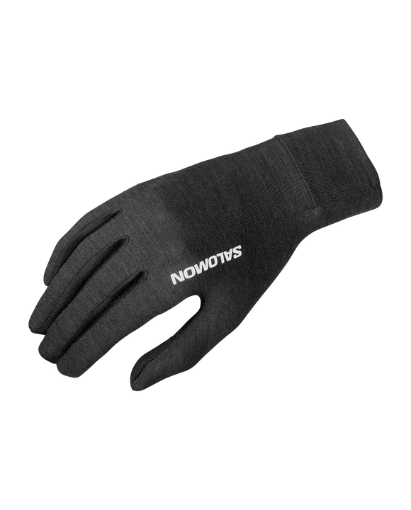 Sorte, lette Salomon Merino-handsker, unisex, Deep Black, med et hvidt logo på håndryggen.
