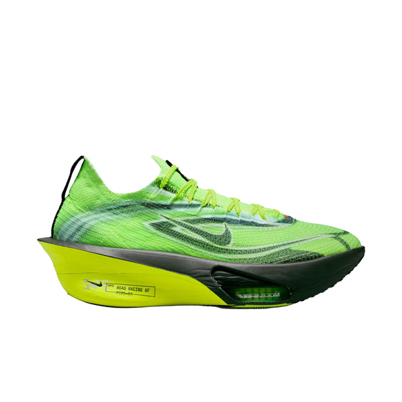 Nike Alphafly Next% 3 til mænd har et flerfarvet/sort-volt-hvidt design, et slankt og moderne look, sort sål med synlig Air Zoom-støddæmpning, tekstdetaljer i mellemsålen og et fremtrædende sort Nike swoosh-logo.