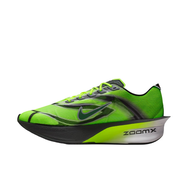 Nike Vaporfly Next% 4 "Ekiden" løbesko for herre er vist i sideprofil med flerfarvet med sorte accenter, en fed swoosh og en buet hvid ZoomX-mellemsål mod en hvid baggrund.