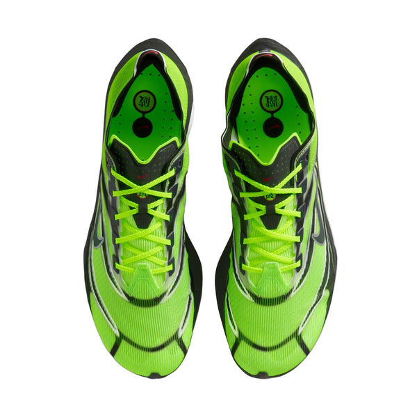 Et par Nike Vaporfly Next% 4 løbesko til herrer i Multi-Color/Black-Volt-White "Ekiden" er vist oppefra og ned på en hvid baggrund, hvor den venstre sko er lidt mere oprejst end den højre.