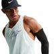 En mand bærer en sort Nike-kasket, et Nk Dfadv Aeroswift Gfx Snglt løbesinglet i Barely Green/Lapis med Dri-FIT ADV-teknologi og et sort kompressionsærme på sin højre arm, mens han kigger til siden mod en hvid baggrund.