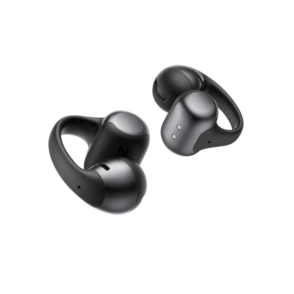 Et par Shokz Open Dots One True Wireless Open-Ear Hovedtelefoner i sort med et buet, ergonomisk design vist mod en almindelig hvid baggrund.