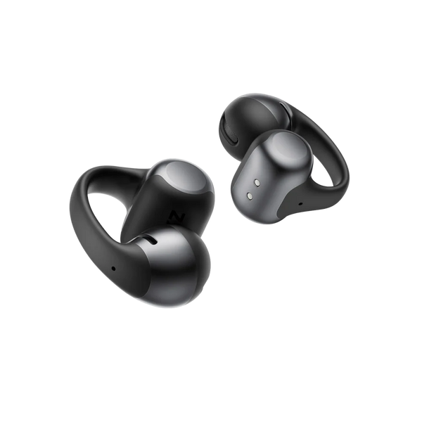 Et par Shokz Open Dots One True Wireless Open-Ear Hovedtelefoner i sort med et buet, ergonomisk design vist mod en almindelig hvid baggrund.