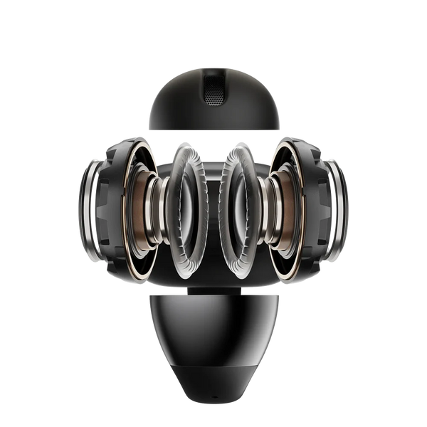 En sort Shokz Open Dots One True Wireless Open-Ear Hovedtelefoner er vist i tværsnit, så man kan se de symmetriske indvendige højttalere, spoler og komponenter på en almindelig hvid baggrund.
