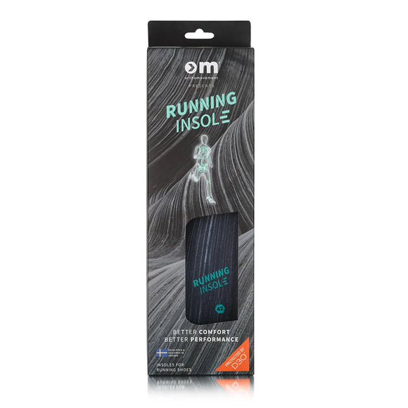 En rektangulær æske med Ortho Movement's Running Insole, Unisex, Grey viser indlægssålen gennem et frontvindue med branding og løbegrafik. Teksten fremhæver komfort- og præstationsfordele for løbesåle-entusiaster.