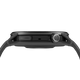 Set fra siden: en sort COROS Pace 4 Pro med silikonerem, udstyret med en AMOLED-berøringsskærm, en sideknap og en drejeknap.