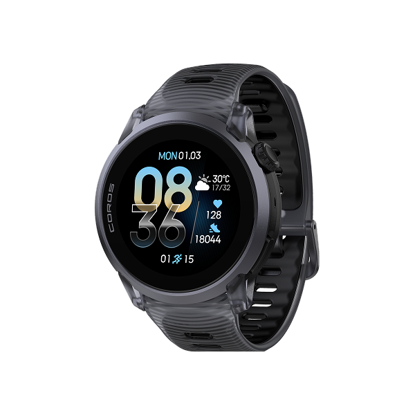 COROS Pace 4 Aluminium Multisport Watch, Black Crystal, har en rund AMOLED-berøringsskærm, der viser tid, dato, vejr, puls, skridt og batteri. Den teksturerede sorte rem vises, mens uret hviler på en hvid baggrund.