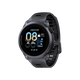 COROS Pace 4 Aluminium Multisport Watch, Black Crystal, har en rund AMOLED-berøringsskærm, der viser tid, dato, vejr, puls, skridt og batteri. Den teksturerede sorte rem vises, mens uret hviler på en hvid baggrund.