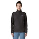 En kvinde kigger fremad iført Patagonia R1 Air Zip Neck, Dame, Black pullover lavet af genbrugspolyester og lyseblå bukser på en almindelig hvid baggrund.