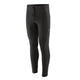 Patagonia Peak Mission Tights, Herre, i sort vises på en hvid baggrund. Disse lange sportsleggings har en linning med snøre og en lille sidelomme. De er fremstillet af elastisk, kropsnært materiale og er ideelle til sport eller fritidstøj.