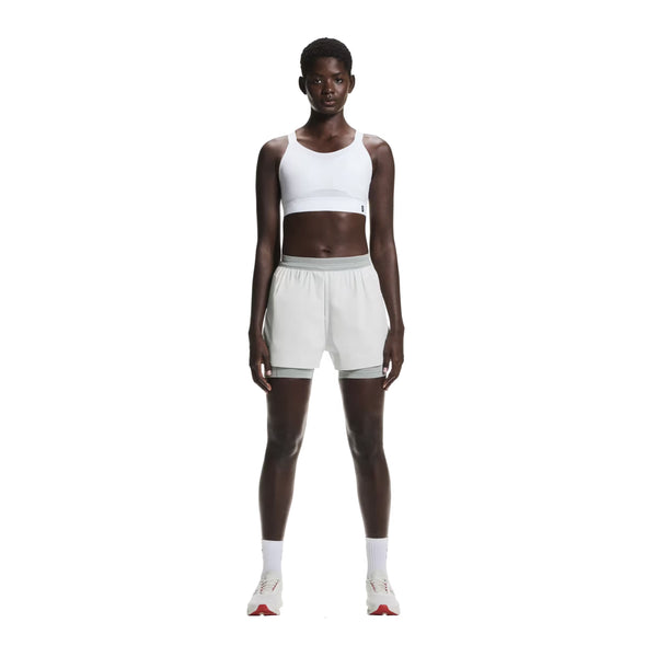 En person kigger fremad iført On Performance Bra, Dame, White med lysegrå sportsshorts, hvide sokker og hvide sportssko på en almindelig hvid baggrund - ideel til løb eller energigivende træning.