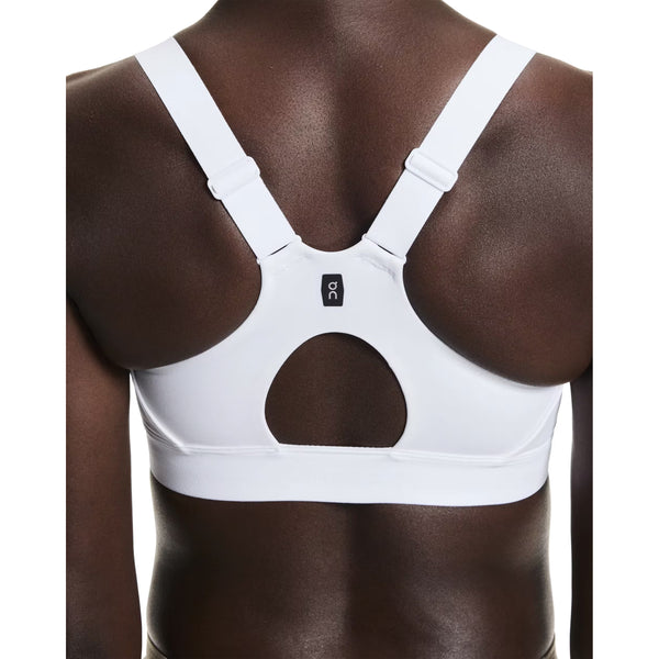 Et nærbillede af en persons ryg iført On Performance Bra, Dame, White, med brede stropper, en oval rygudskæring med et logo over - perfekt til løb og andre aktive aktiviteter.