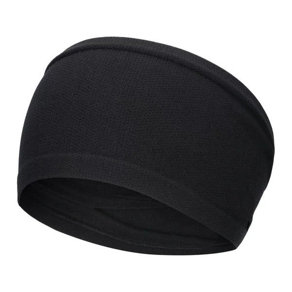 Et enkelt Performance-pandebånd fra Asics i unisex-farven Performance Black, fremstillet af elastisk, svedtransporterende stof, vises isoleret på en hvid baggrund. Pandebåndet ser sømløst ud og er formet, så det sidder tæt omkring hovedet, hvilket gør det ideelt til løb og andre aktive aktiviteter.