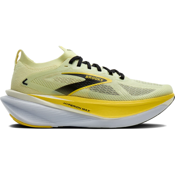 Et sidebillede af en Brooks Hyperion Max 3 herre løbesko i Luminary/Cyber Yellow/Black, der viser en tyk gul og hvid sål, "Hyperion Max" på mellemsålen, overdel i mesh og sorte snørebånd.