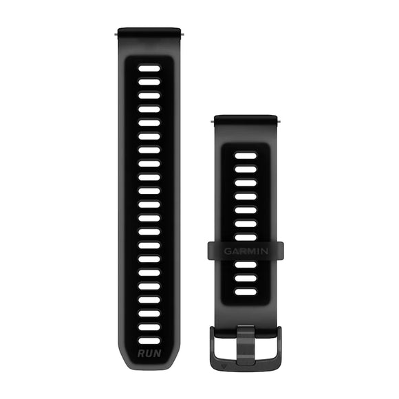 To dele af et gennemskinneligt sort/sort silikone-urrem af typen Quick Release 22 mm med rektangulære ventilationshuller og en metalspænde.