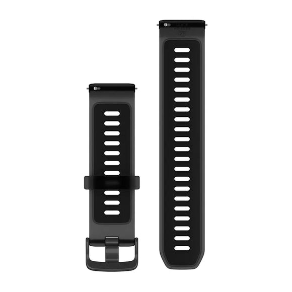 To dele af et Garmin Quick Release 22 mm urrem i gennemskinnelig sort/sort silikone med en hurtigudløserstift og spænde.