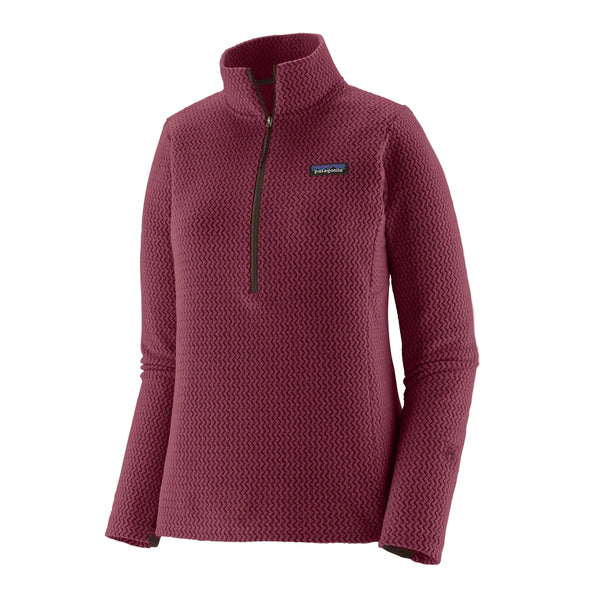 Patagonia R1 Air Zip Neck langærmet pullover til kvinder i farven Berry Fig med kvartlængde lynlås og et struktureret zigzagmønster.
