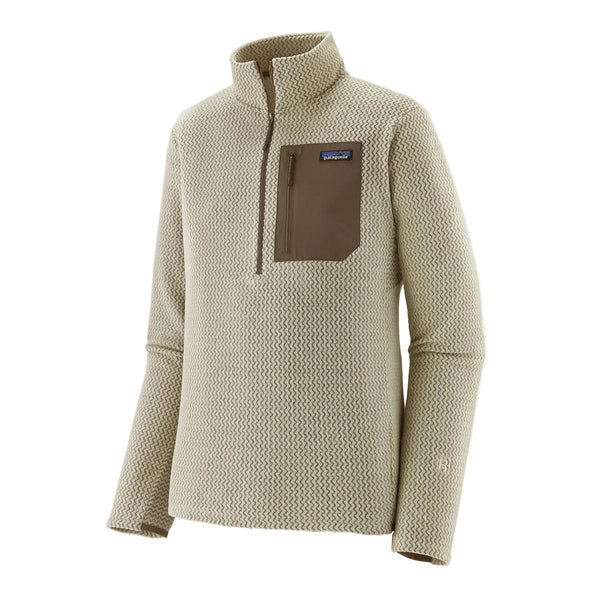 Patagonia R1 Air Zip Neck Pullover til herre i farven Pelican har et beige mønster med struktur, lange ærmer, en opretstående krave, en kvart-lynlås foran og en kontrastfarvet brun brystlomme med lynlås. Denne fleece-mellemlagstrøje er designet til udendørsaktiviteter eller fritidstøj og byder på både stil og funktionalitet.