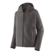 En Patagonia R1 TechFace Hoody til mænd i farven Forge Grey med hætte, lynlås hele vejen foran, brystlomme og to sidelommer. Dette tekniske mellemlag har et diskret gittermønster og er forsynet med et lille Patagonia-logo på venstre bryst.