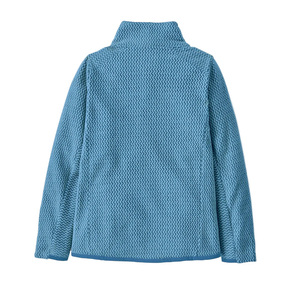 Patagonia R1 Air Jacket til kvinder i Shore Blue er vist bagfra og har en høj krave, lange ærmer og en subtil bølget struktur på det lyseblå tekniske stof.