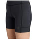 Nærbillede af en person iført sort New Balance RC Elite Storage Short 6" Dame med tætsiddende design, opbevaringslomme i siden, synlige sømme og New Balance-logoet nederst på venstre ben.