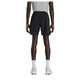 Der ses en person set bagfra på en ensfarvet hvid baggrund, iført en grå T-shirt, et par New Balance Rc Essential Short 7" Herre Black, hvide sokker og hvide sneakers.