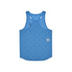 Saysky Reactive Flow Singlet, Herre, Blue Aop vises lagt fladt ud, så man fra bagsiden kan se dens racerback-design. Denne ultralette, blå sports-tanktop har diskrete mønstre og et lille hvidt, rektangulært mærke med en stjerne nederst til højre og sikrer optimal svedtransporterende ydeevne til intense træningspas.