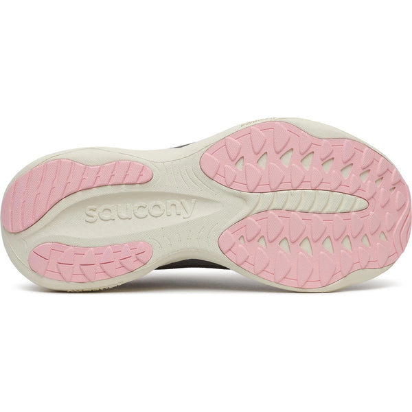 Billedet viser sålen på Saucony Ride 19 Dame i farven Torte/Eggshell, med en cremefarvet base, lyserøde gummidetaljer og ordet »saucony« præget i midten – perfekt som en neutral allround-sko.