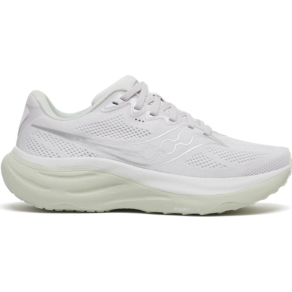 Saucony Ride 19, Dame, Fog/Cast har en overdel i mesh, snørelukning, struktureret sål og diskret branding på siden - ideel som neutral allroundsko til de daglige løbeture. Vist i en sideprofil på en almindelig hvid baggrund.