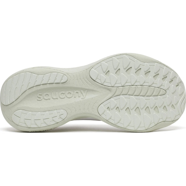 Billedet viser den hvide gummiydersål på en Saucony Ride 19 Dame (Fog/Cast) løbesko med bedre støddæmpning, der har strukturerede riller for greb. Saucony-mærket er præget i midten.
