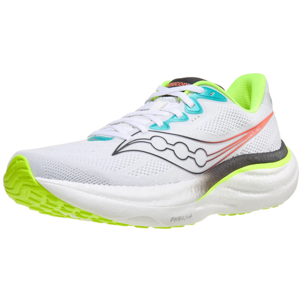 Saucony Ride 19 til mænd i farvekombinationen hvid/citron har en overdel i mesh, en neongrøn sål og foring, lyseblå snørehuller, sorte og røde detaljer samt en polstret mellemsål. Ride 19-logoet er synligt på siden.