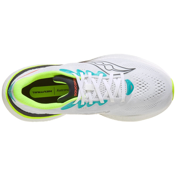 Oversigtsbillede af Saucony Ride 19-løbesko til herre i farvekombinationen hvid/citron, med turkise og gule detaljer, turkise snørehuller, hvide snørebånd, NEUTRAL-mærkat på indersiden og en åndbar overdel i mesh.