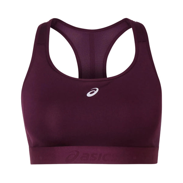 Asics Road Compression Bra til kvinder i farven Dark Aubergine har en racerryg, et rygpanel i mesh, et bredt elastisk underbånd, der giver god støtte, samt et hvidt Asics-logo foran – perfekt til løb.